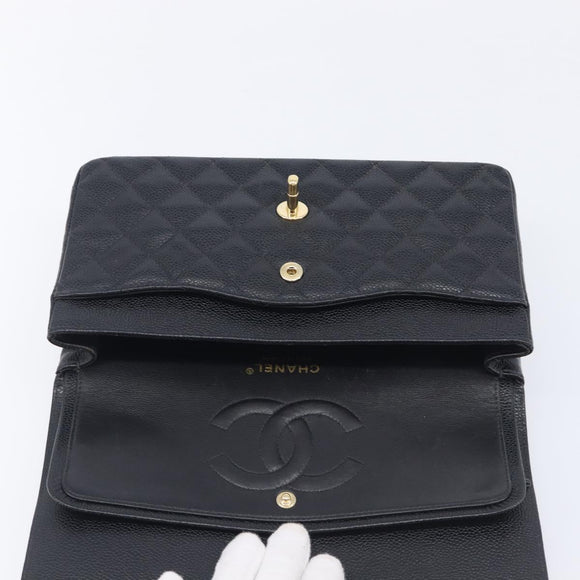 CHANEL Matelasse 25 Classic Double Flap Chain Caviar Skin Black CC Auth 212523SM
