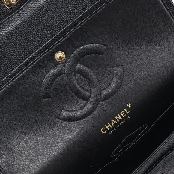CHANEL Matelasse 25 Classic Double Flap Chain Caviar Skin Black CC Auth 212523SM
