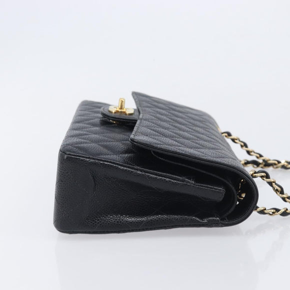 CHANEL Matelasse 25 Classic Double Flap Chain Caviar Skin Black CC Auth 212523SM
