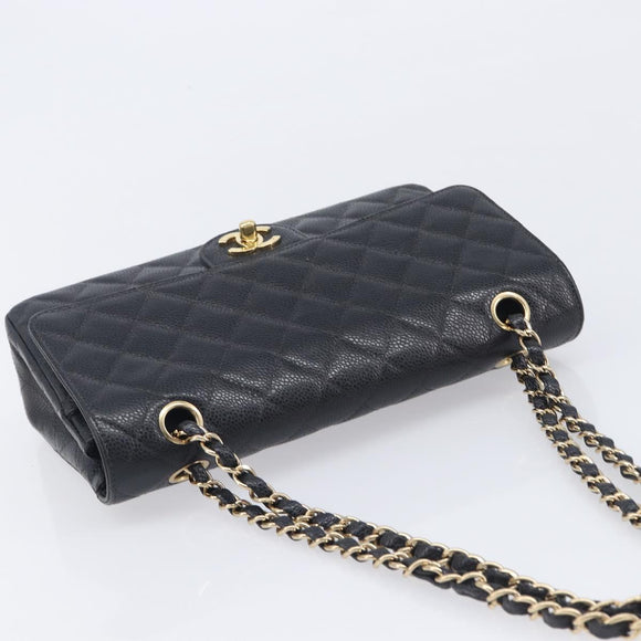 CHANEL Matelasse 25 Classic Double Flap Chain Caviar Skin Black CC Auth 212523SM