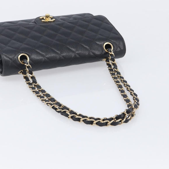 CHANEL Matelasse 25 Classic Double Flap Chain Caviar Skin Black CC Auth 212523SM