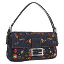 FENDI Mamma Baguette Shoulder Bag Denim Beads Multicolor Silver Auth 212544SM-1