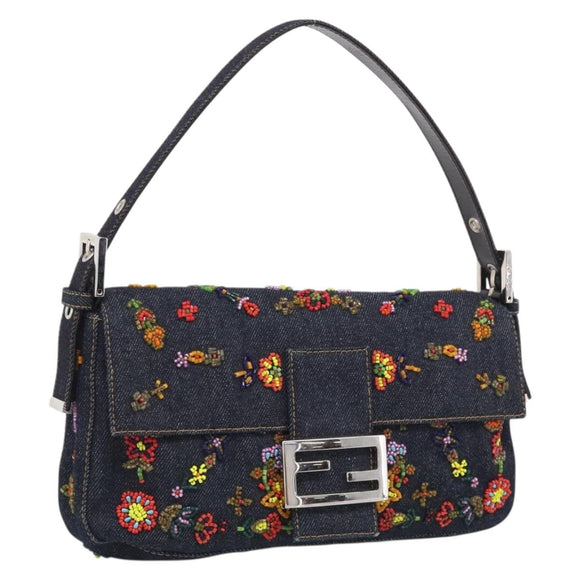 FENDI Mamma Baguette Shoulder Bag Denim Beads Multicolor Silver Auth 212544SM
