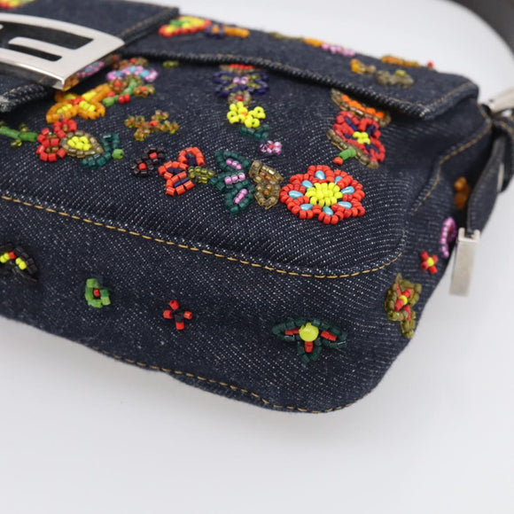 FENDI Mamma Baguette Shoulder Bag Denim Beads Multicolor Silver Auth 212544SM