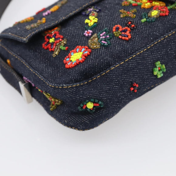 FENDI Mamma Baguette Shoulder Bag Denim Beads Multicolor Silver Auth 212544SM