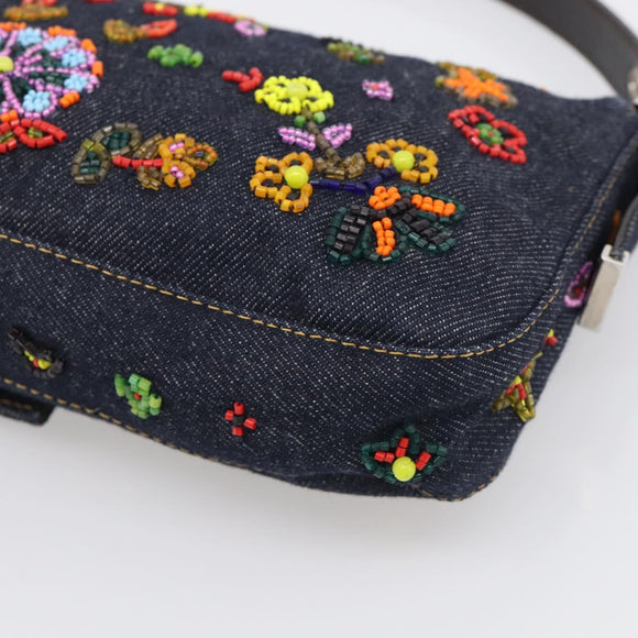 FENDI Mamma Baguette Shoulder Bag Denim Beads Multicolor Silver Auth 212544SM