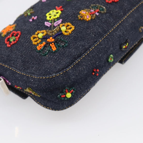 FENDI Mamma Baguette Shoulder Bag Denim Beads Multicolor Silver Auth 212544SM