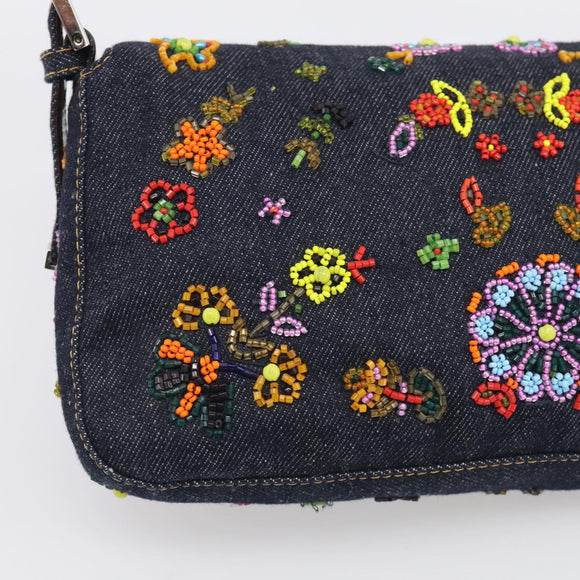 FENDI Mamma Baguette Shoulder Bag Denim Beads Multicolor Silver Auth 212544SM