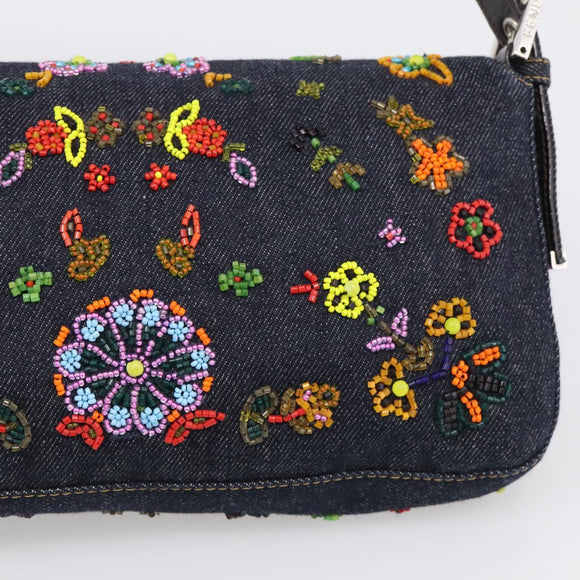 FENDI Mamma Baguette Shoulder Bag Denim Beads Multicolor Silver Auth 212544SM