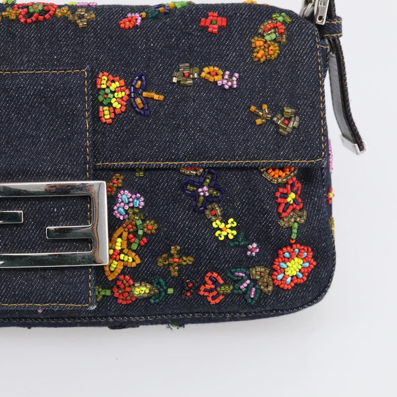 FENDI Mamma Baguette Shoulder Bag Denim Beads Multicolor Silver Auth 212544SM