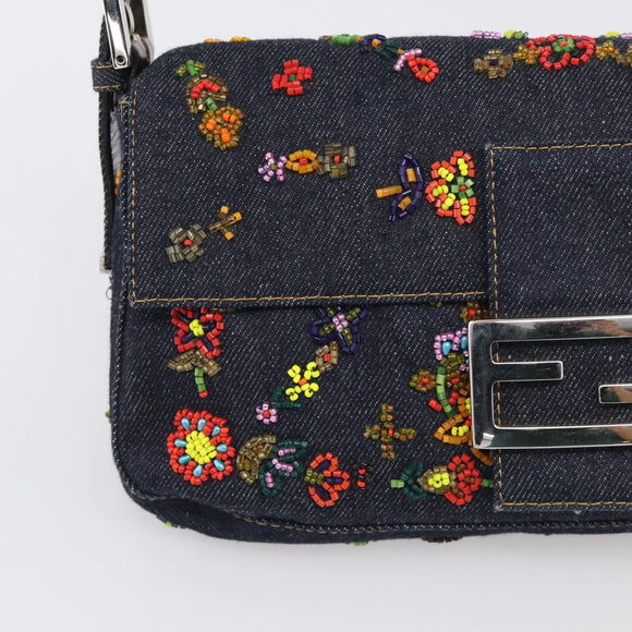 FENDI Mamma Baguette Shoulder Bag Denim Beads Multicolor Silver Auth 212544SM