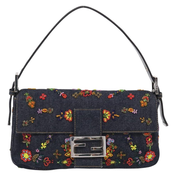 FENDI Mamma Baguette Shoulder Bag Denim Beads Multicolor Silver Auth 212544SM