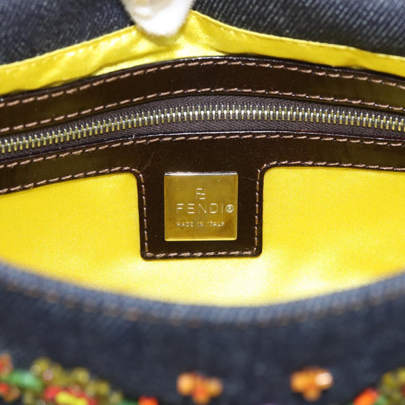FENDI Mamma Baguette Shoulder Bag Denim Beads Multicolor Silver Auth 212544SM