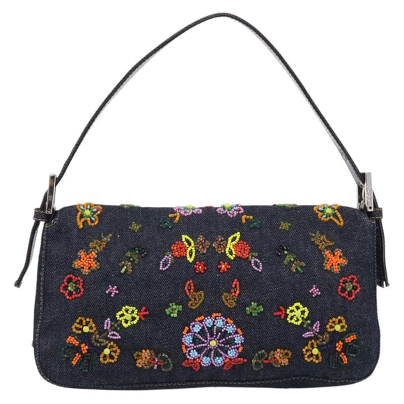 FENDI Mamma Baguette Shoulder Bag Denim Beads Multicolor Silver Auth 212544SM