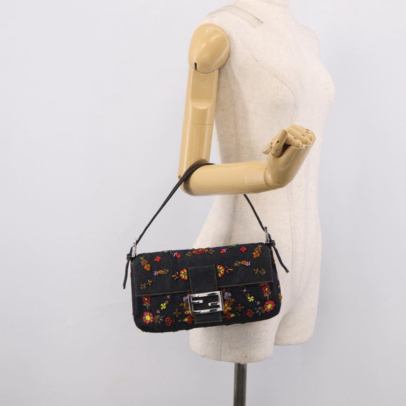FENDI Mamma Baguette Shoulder Bag Denim Beads Multicolor Silver Auth 212544SM