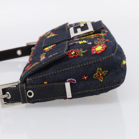 FENDI Mamma Baguette Shoulder Bag Denim Beads Multicolor Silver Auth 212544SM