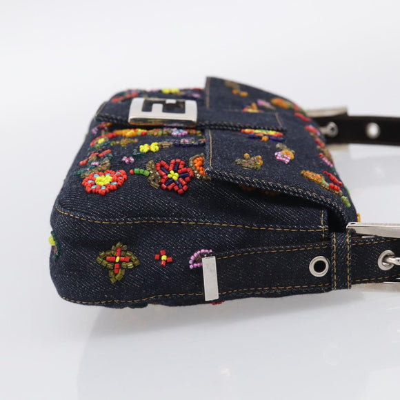 FENDI Mamma Baguette Shoulder Bag Denim Beads Multicolor Silver Auth 212544SM