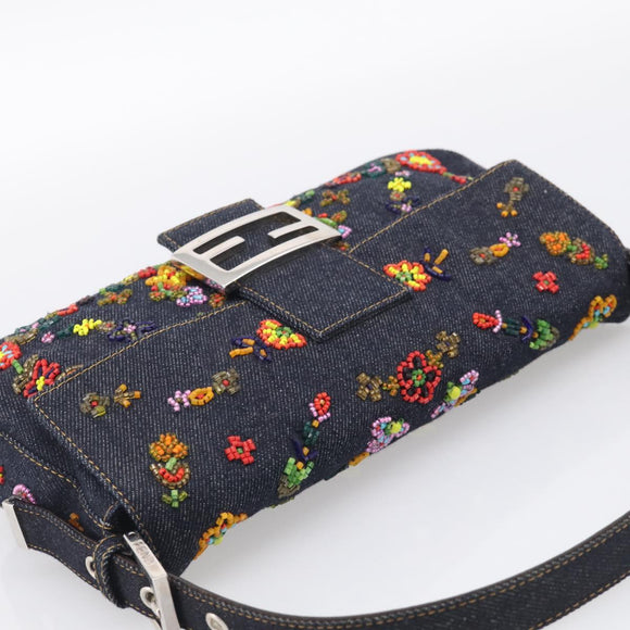 FENDI Mamma Baguette Shoulder Bag Denim Beads Multicolor Silver Auth 212544SM