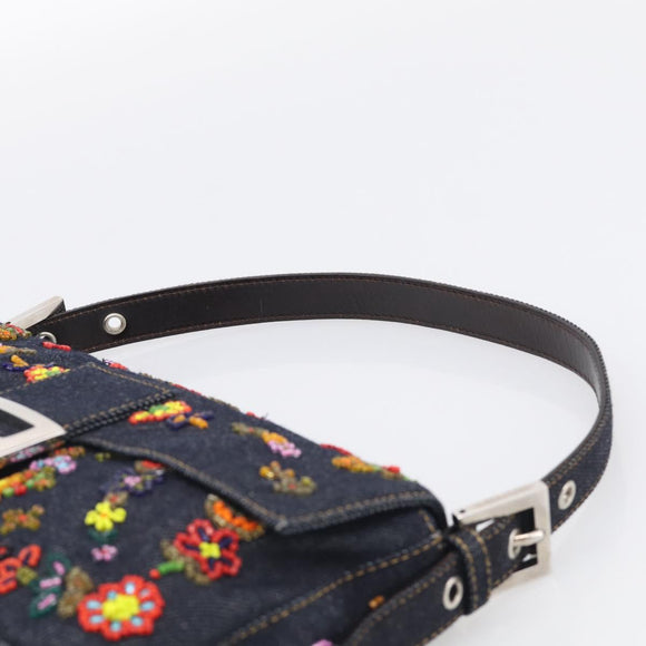 FENDI Mamma Baguette Shoulder Bag Denim Beads Multicolor Silver Auth 212544SM