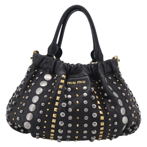 Miu Miu Studs Hand Bag Leather 2way Black Gold Auth 212547V