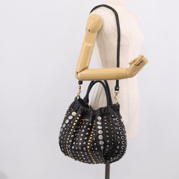 Miu Miu Studs Hand Bag Leather 2way Black Gold Auth 212547V