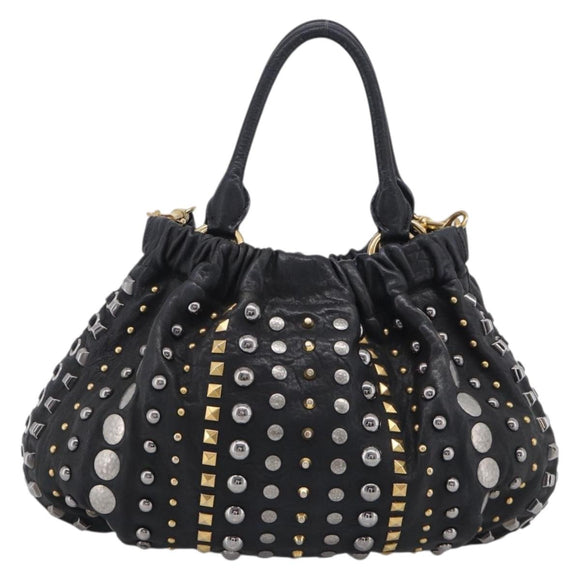 Miu Miu Studs Hand Bag Leather 2way Black Gold Auth 212547V