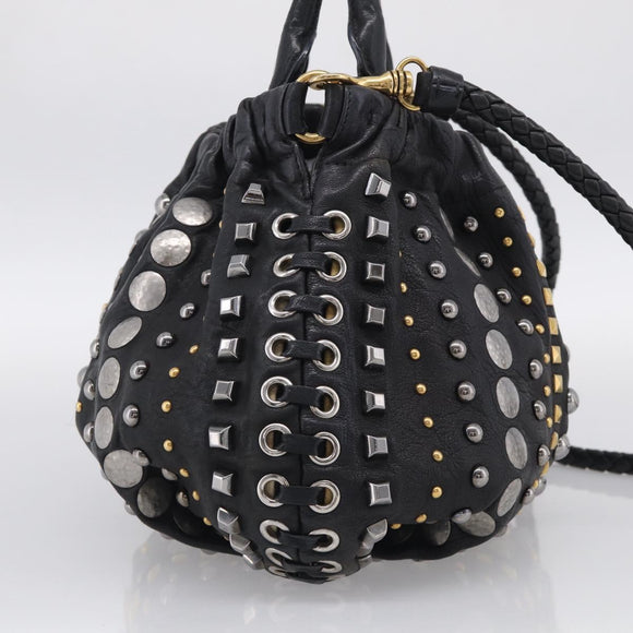 Miu Miu Studs Hand Bag Leather 2way Black Gold Auth 212547V