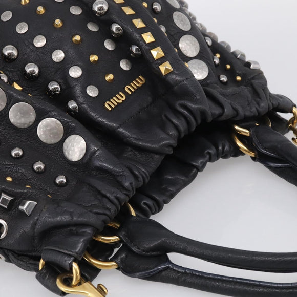 Miu Miu Studs Hand Bag Leather 2way Black Gold Auth 212547V