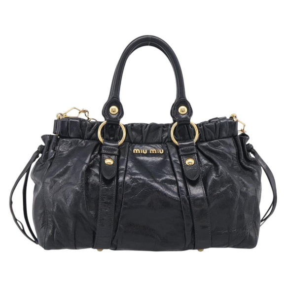 Miu Miu Vitter Lux Hand Bag Leather 2way Black Gold Auth 212548V