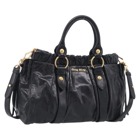 Miu Miu Vitter Lux Hand Bag Leather 2way Black Gold Auth 212549M