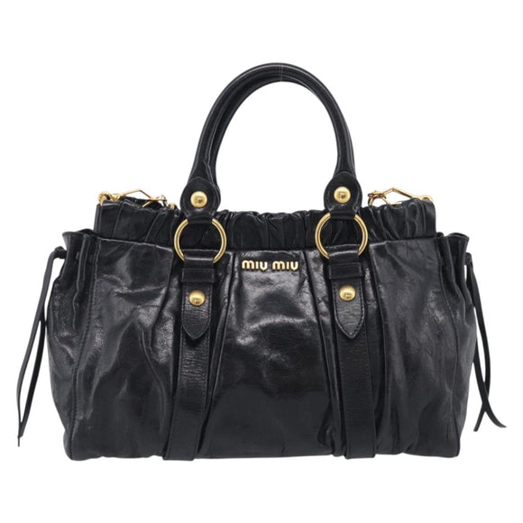 Miu Miu Vitter Lux Hand Bag Leather 2way Black Gold Auth 212549M