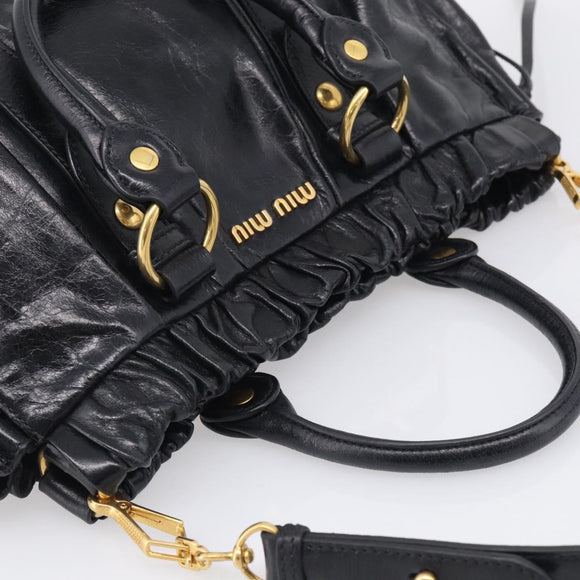 Miu Miu Vitter Lux Hand Bag Leather 2way Black Gold Auth 212549M