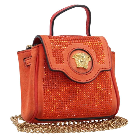 VERSACE Medusa Micro Chain Shoulder Bag Suede Orange Gold Auth 212556A