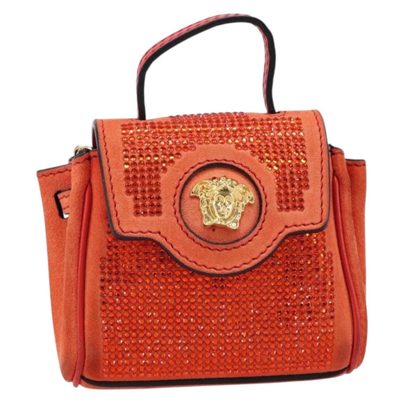 VERSACE Medusa Micro Chain Shoulder Bag Suede Orange Gold Auth 212556A