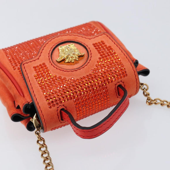 VERSACE Medusa Micro Chain Shoulder Bag Suede Orange Gold Auth 212556A