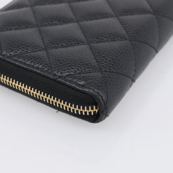 CHANEL Matelasse Long Wallet Caviar Skin Black Gold CC Auth 212569V