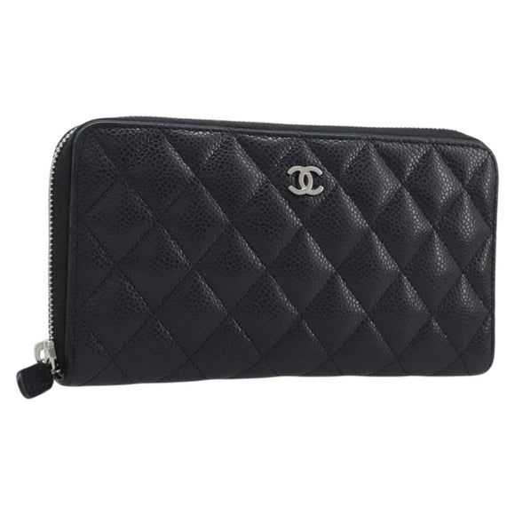 CHANEL Matelasse Long Wallet Caviar Skin Black Silver CC Auth 212570V