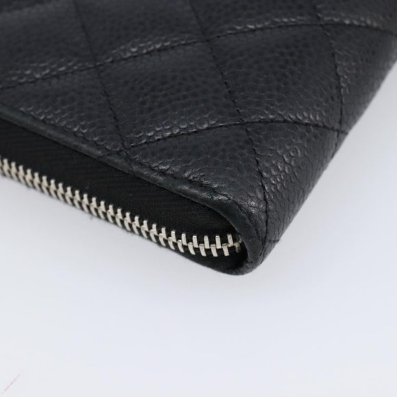 CHANEL Matelasse Long Wallet Caviar Skin Black Silver CC Auth 212570V