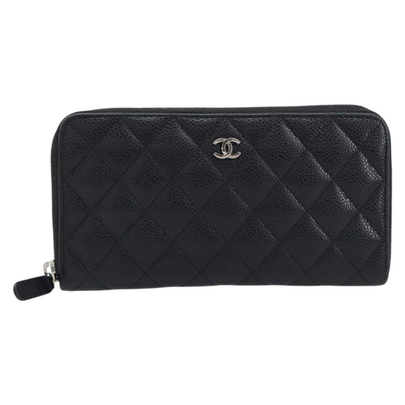 CHANEL Matelasse Long Wallet Caviar Skin Black Silver CC Auth 212570V