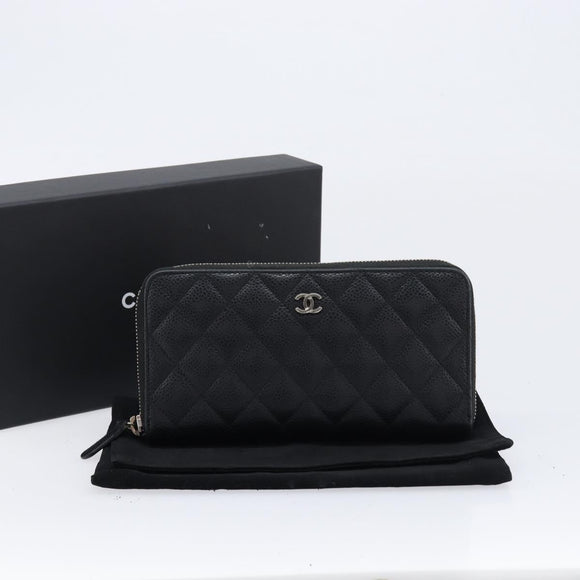 CHANEL Matelasse Long Wallet Caviar Skin Black Silver CC Auth 212570V