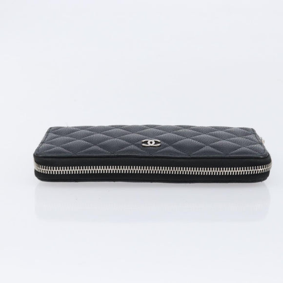 CHANEL Matelasse Long Wallet Caviar Skin Black Silver CC Auth 212570V
