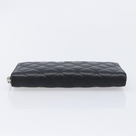 CHANEL Matelasse Long Wallet Caviar Skin Black Silver CC Auth 212570V