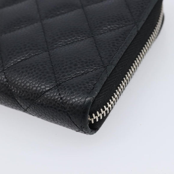 CHANEL Matelasse Long Wallet Caviar Skin Black Silver CC Auth 212570V