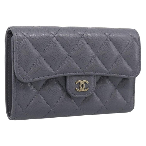 CHANEL Matelasse Long Wallet Caviar Skin Gray Gold CC Auth 212571M