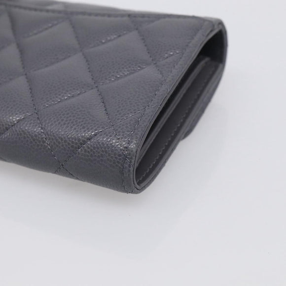 CHANEL Matelasse Long Wallet Caviar Skin Gray Gold CC Auth 212571M