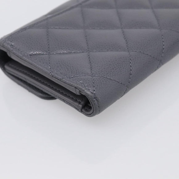 CHANEL Matelasse Long Wallet Caviar Skin Gray Gold CC Auth 212571M