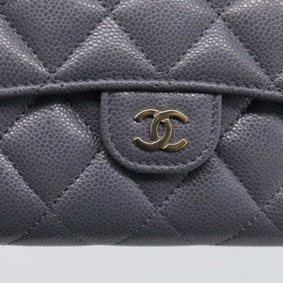 CHANEL Matelasse Long Wallet Caviar Skin Gray Gold CC Auth 212571M