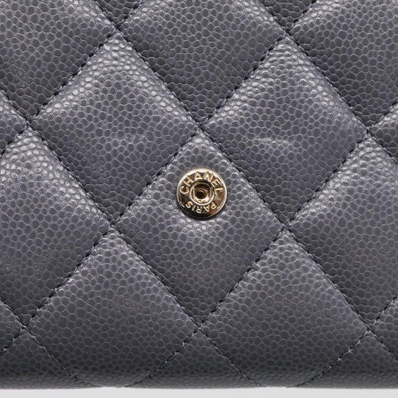 CHANEL Matelasse Long Wallet Caviar Skin Gray Gold CC Auth 212571M