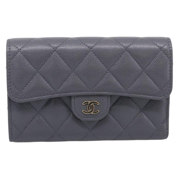 CHANEL Matelasse Long Wallet Caviar Skin Gray Gold CC Auth 212571M
