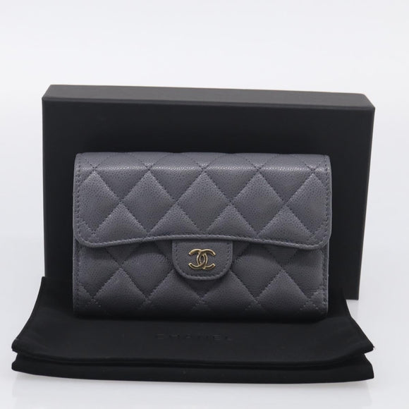 CHANEL Matelasse Long Wallet Caviar Skin Gray Gold CC Auth 212571M